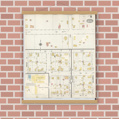 Old map wall art mockup — magnetic wood frame on brick wall — Sanborn Fire Insurance Map from Fowler, Benton County, Indiana (1932), Sheet #0008