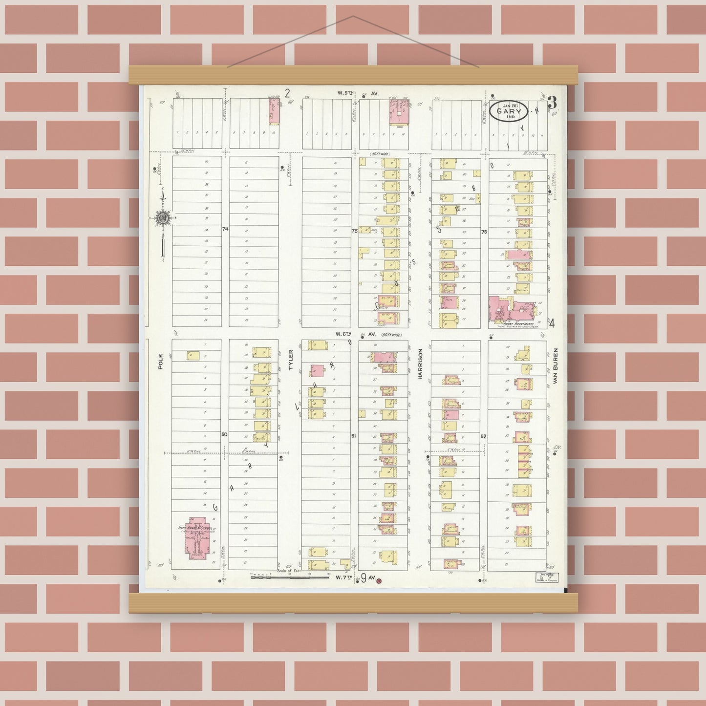 Old map wall art mockup — magnetic wood frame on brick wall — Sanborn Fire Insurance Map from Gary, Lake County, Indiana (1911), Sheet #0003