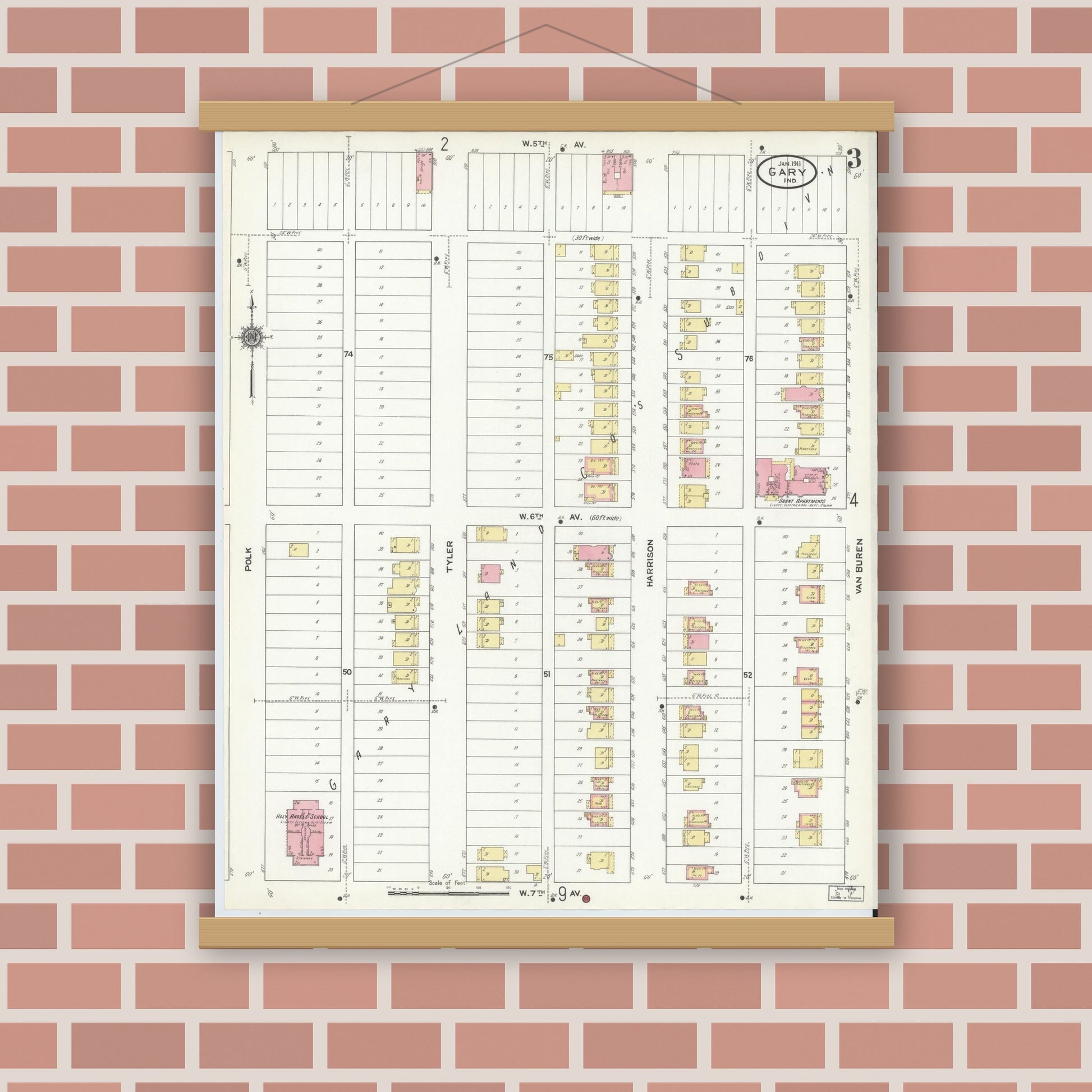 Old map wall art mockup — magnetic wood frame on brick wall — Sanborn Fire Insurance Map from Gary, Lake County, Indiana (1911), Sheet #0003