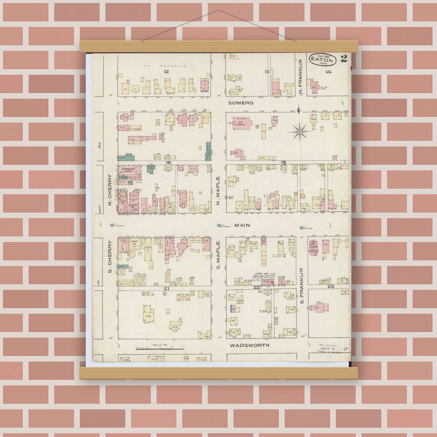Old map wall art mockup — magnetic wood frame on brick wall — Sanborn Fire Insurance Map from Eaton, Preble County, Ohio (1885), Sheet #0002