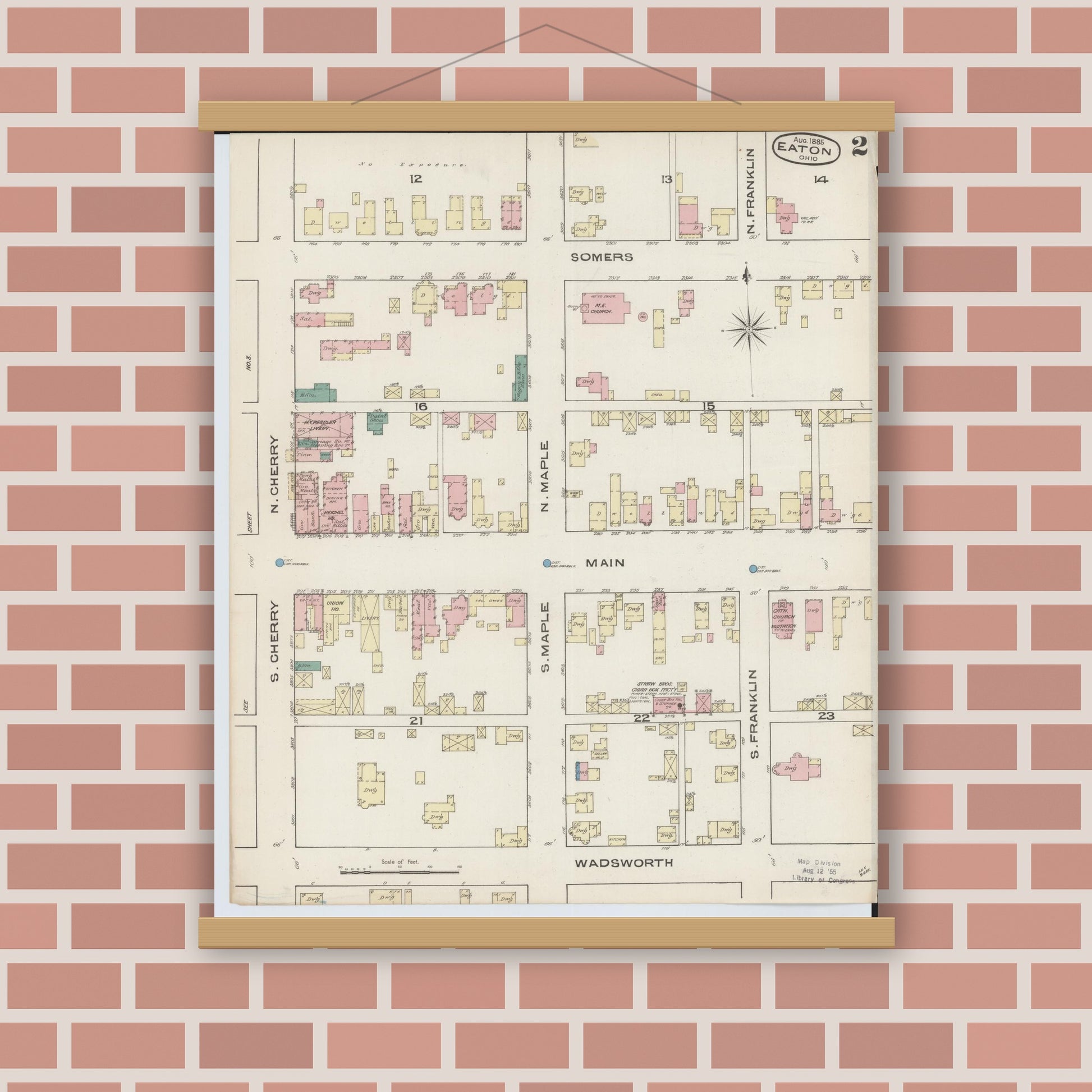 Old map wall art mockup — magnetic wood frame on brick wall — Sanborn Fire Insurance Map from Eaton, Preble County, Ohio (1885), Sheet #0002