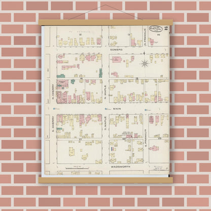Old map wall art mockup — magnetic wood frame on brick wall — Sanborn Fire Insurance Map from Eaton, Preble County, Ohio (1885), Sheet #0002