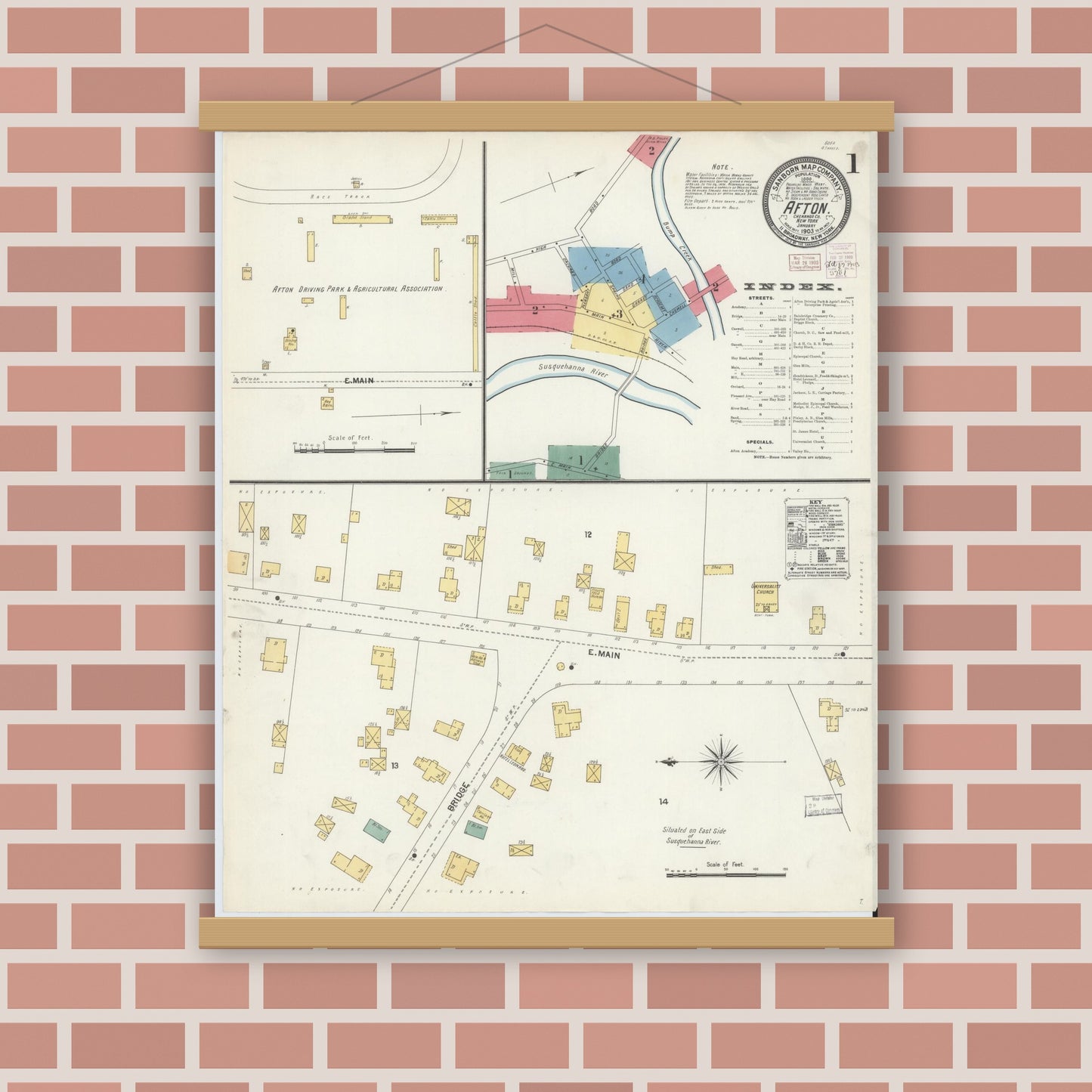 Old map wall art mockup — magnetic wood frame on brick wall — Sanborn Fire Insurance Map from Afton, Chenango County, New York (1903) - Complete Map Set
