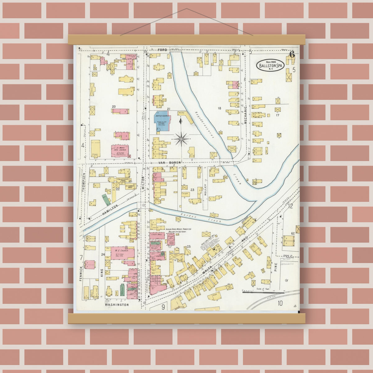 Old map wall art mockup — magnetic wood frame on brick wall — Sanborn Fire Insurance Map from Ballston Spa, Saratoga County, New York (1904), Sheet #0006