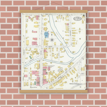 Old map wall art mockup — magnetic wood frame on brick wall — Sanborn Fire Insurance Map from Ballston Spa, Saratoga County, New York (1904), Sheet #0006