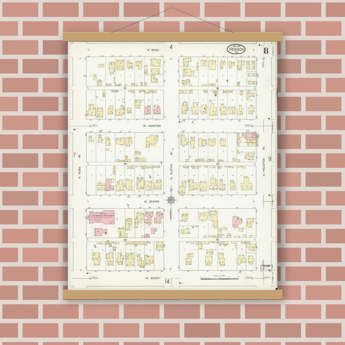 Old map wall art mockup — magnetic wood frame on brick wall — Sanborn Fire Insurance Map from Denison, Grayson County, Texas (1914), Sheet #0008