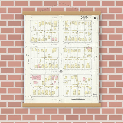 Old map wall art mockup — magnetic wood frame on brick wall — Sanborn Fire Insurance Map from Denison, Grayson County, Texas (1914), Sheet #0008