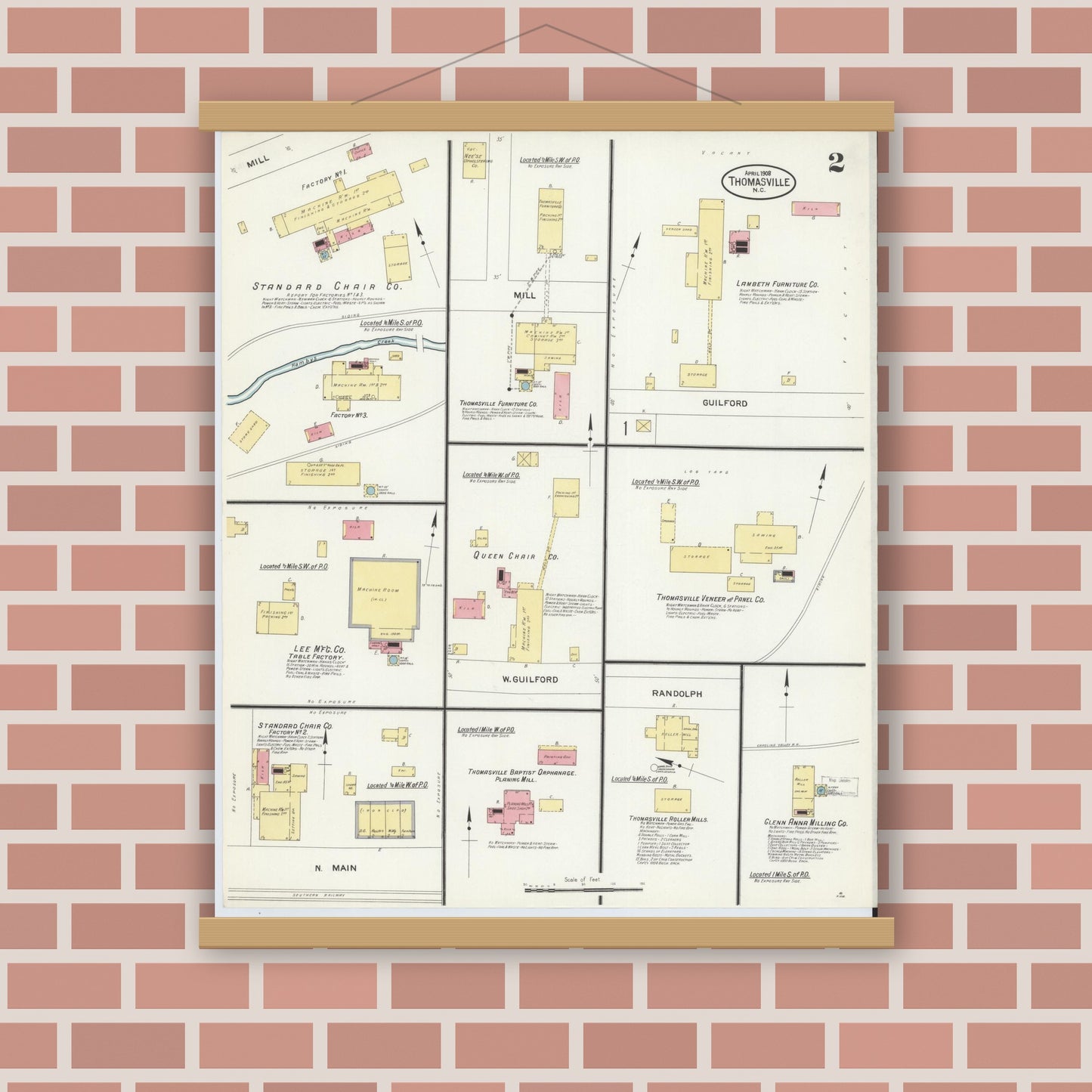 Old map wall art mockup — magnetic wood frame on brick wall — Sanborn Fire Insurance Map from Thomasville, Davidson County, North Carolina (1908), Sheet #0002