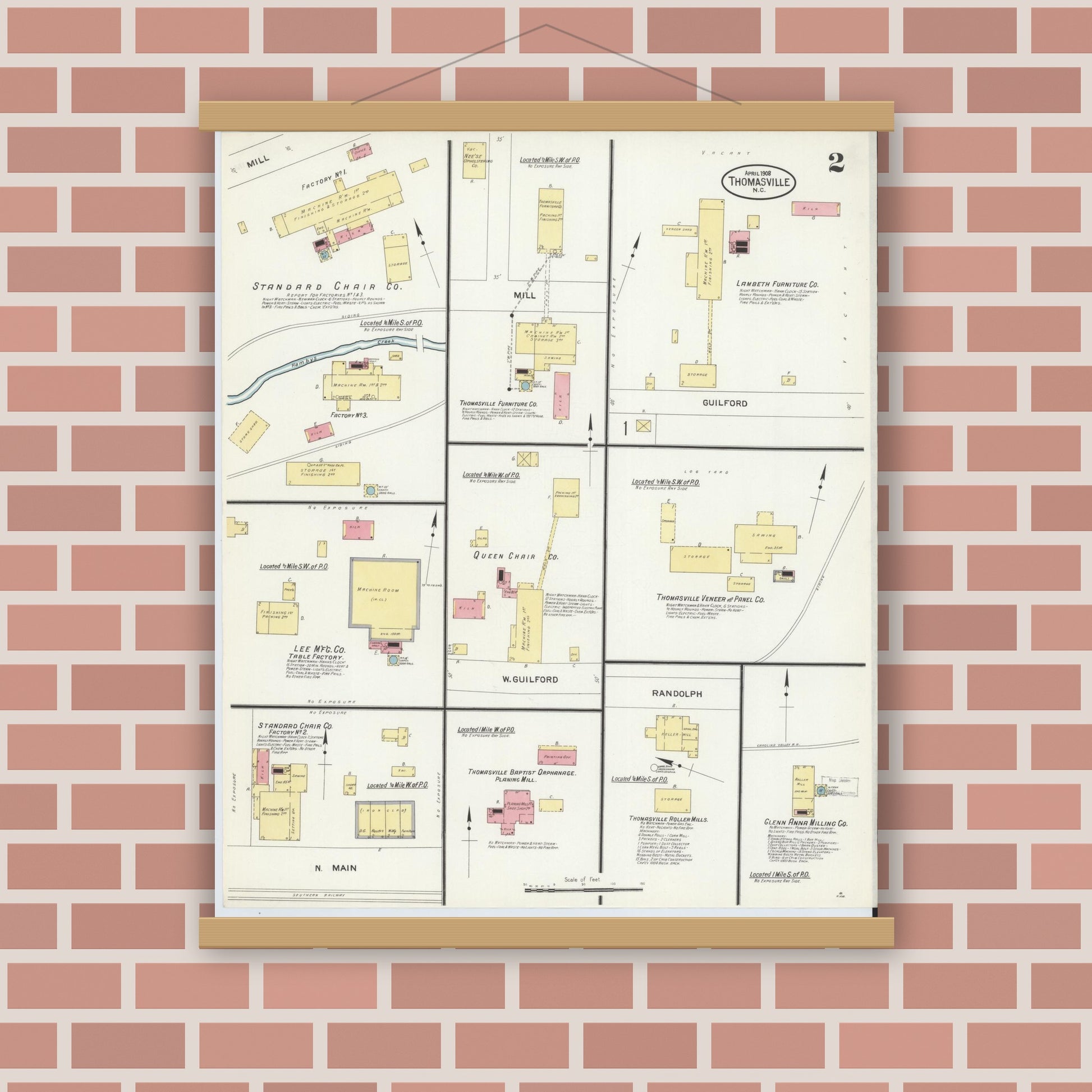 Old map wall art mockup — magnetic wood frame on brick wall — Sanborn Fire Insurance Map from Thomasville, Davidson County, North Carolina (1908), Sheet #0002