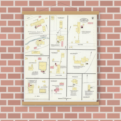 Old map wall art mockup — magnetic wood frame on brick wall — Sanborn Fire Insurance Map from Thomasville, Davidson County, North Carolina (1908), Sheet #0002