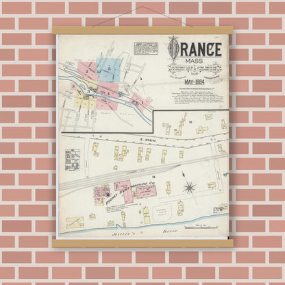Old map wall art mockup — magnetic wood frame on brick wall — Sanborn Fire Insurance Map from Orange, Franklin County, Massachusetts (1884) - Complete Map Set