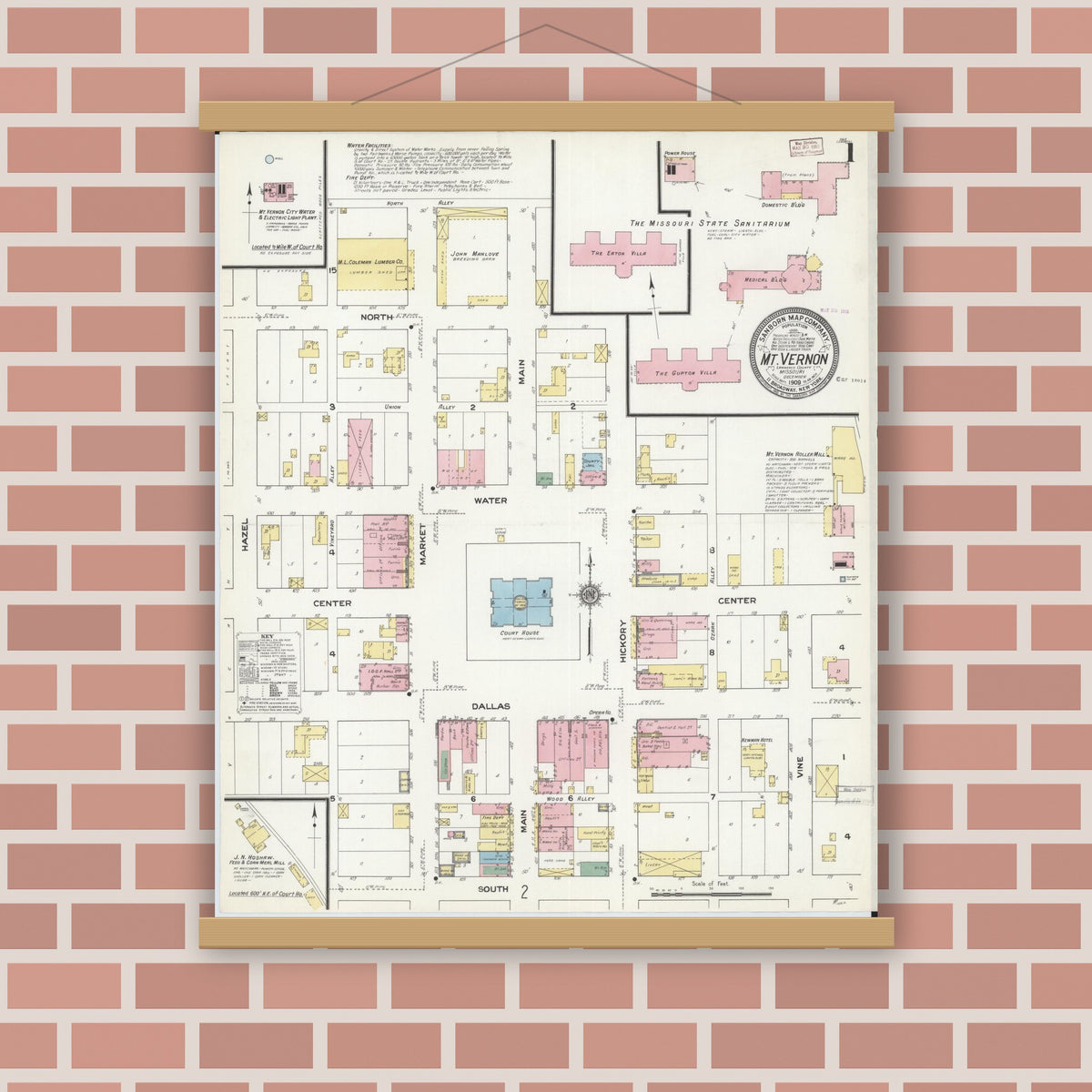 Old map wall art mockup — magnetic wood frame on brick wall — Sanborn Fire Insurance Map from Mount Vernon, Lawrence County, Missouri (1909) - Complete Map Set