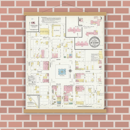Old map wall art mockup — magnetic wood frame on brick wall — Sanborn Fire Insurance Map from Mount Vernon, Lawrence County, Missouri (1909) - Complete Map Set