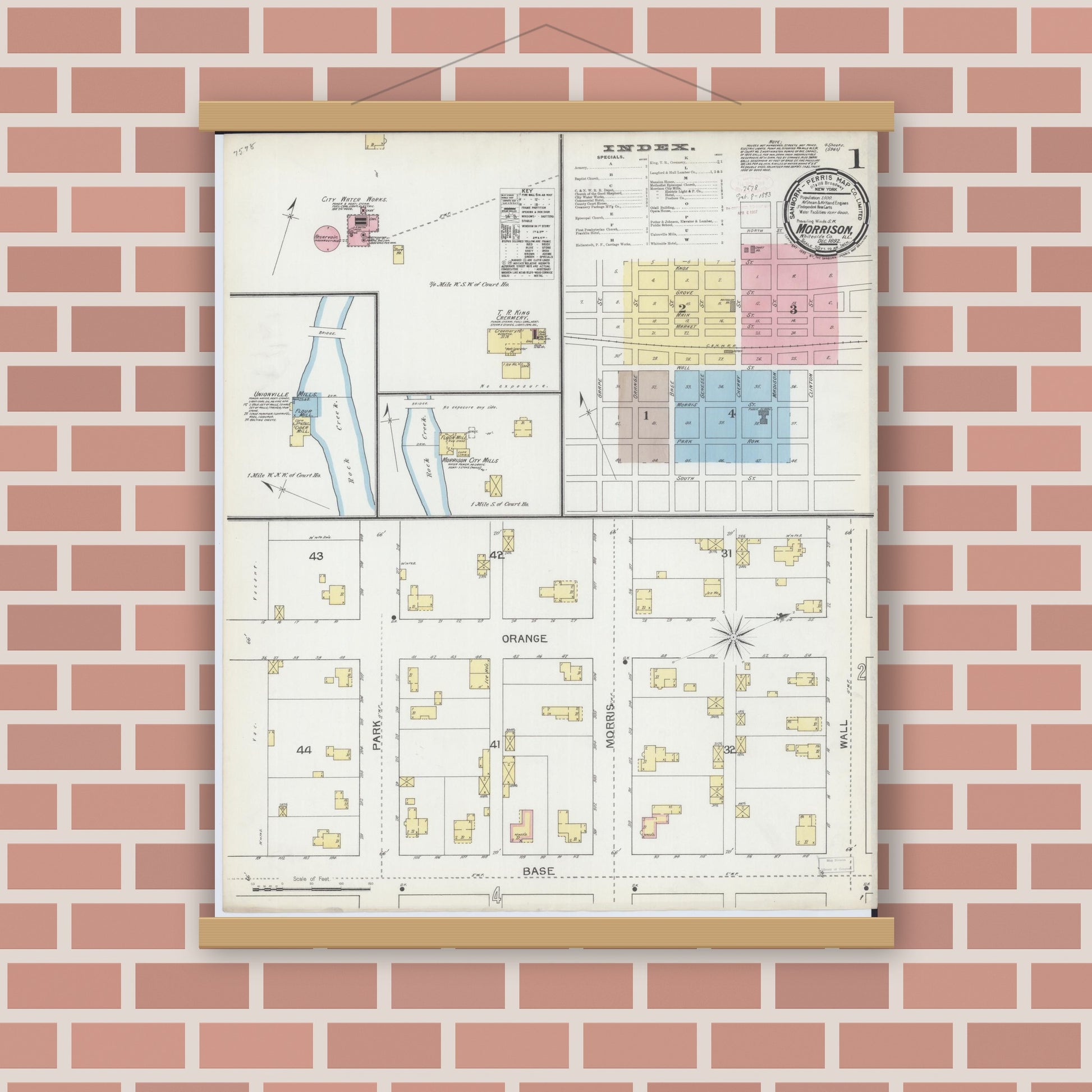 Old map wall art mockup — magnetic wood frame on brick wall — Sanborn Fire Insurance Map from Morrison, Whiteside County, Illinois (1892), Sheet #0001