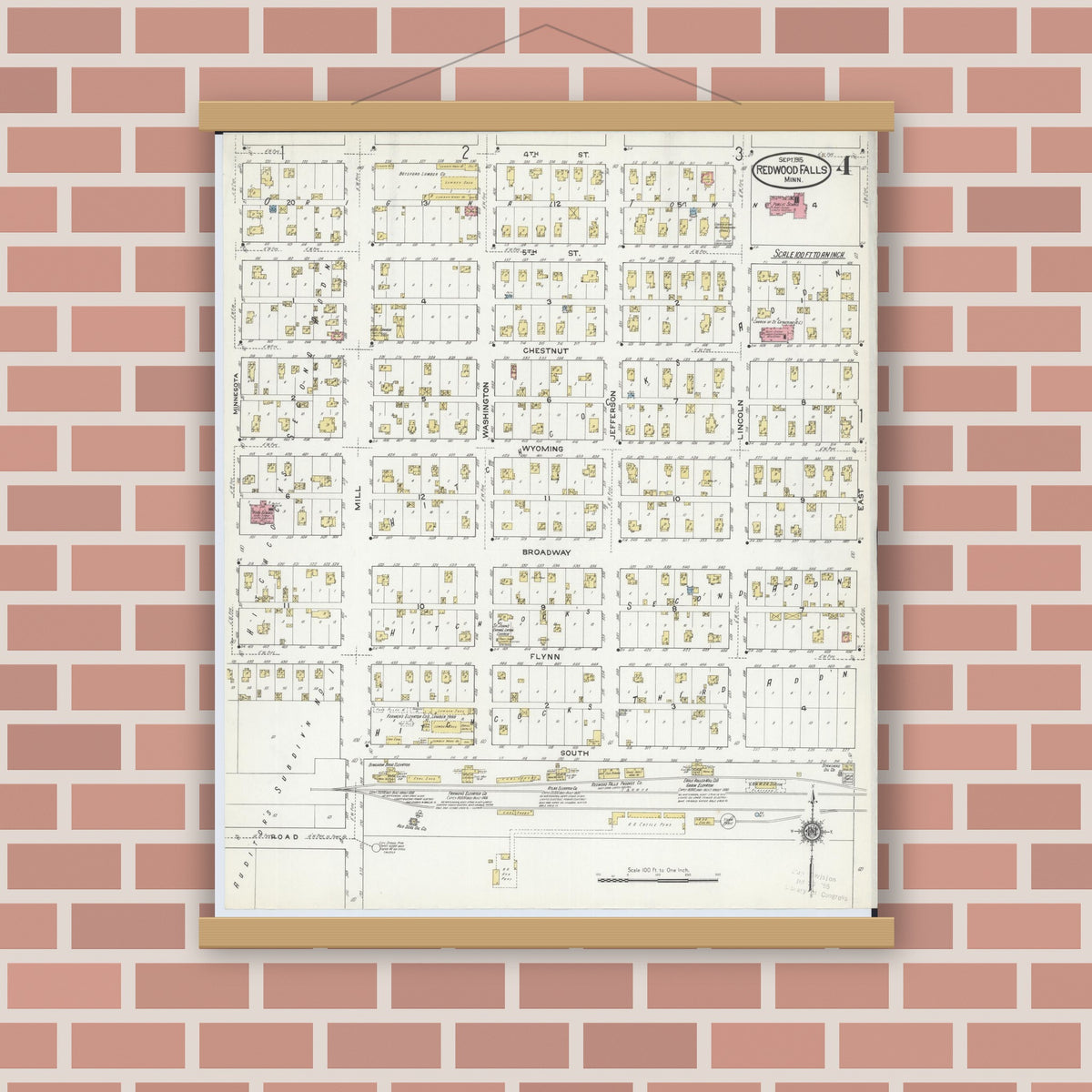 Old map wall art mockup — magnetic wood frame on brick wall — Sanborn Fire Insurance Map from Redwood Falls, Redwood County, Minnesota (1915), Sheet #0004