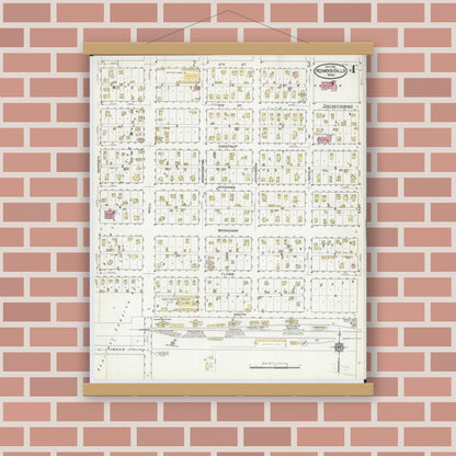 Old map wall art mockup — magnetic wood frame on brick wall — Sanborn Fire Insurance Map from Redwood Falls, Redwood County, Minnesota (1915), Sheet #0004