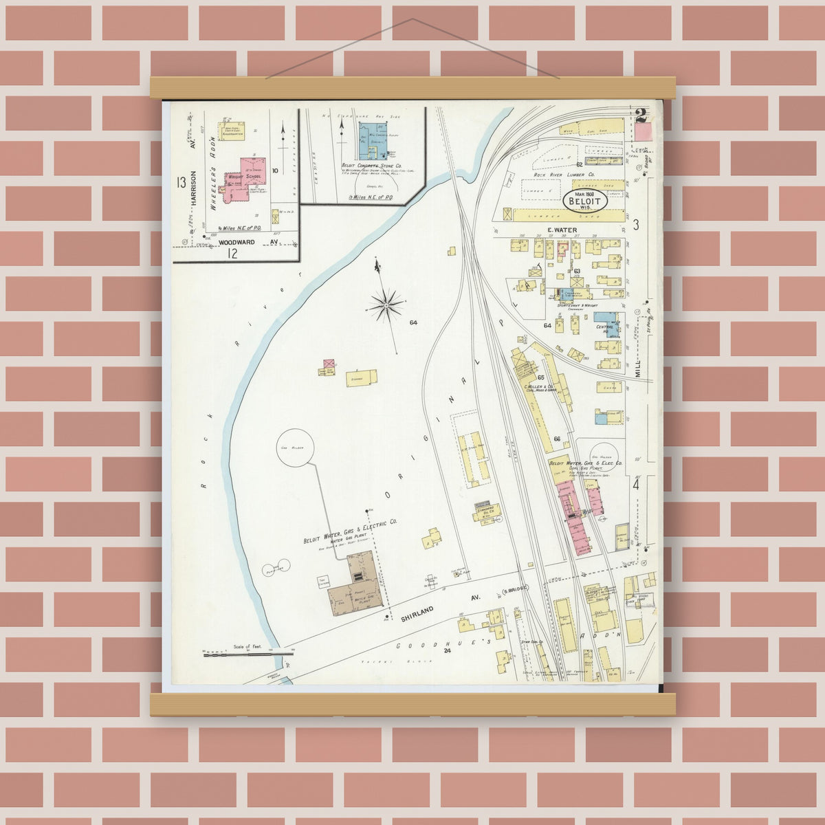 Old map wall art mockup — magnetic wood frame on brick wall — Sanborn Fire Insurance Map from Beloit, Rock County, Wisconsin (1908), Sheet #0002