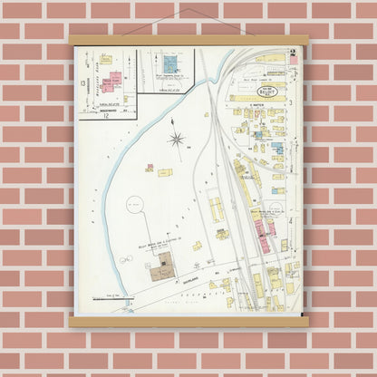 Old map wall art mockup — magnetic wood frame on brick wall — Sanborn Fire Insurance Map from Beloit, Rock County, Wisconsin (1908), Sheet #0002