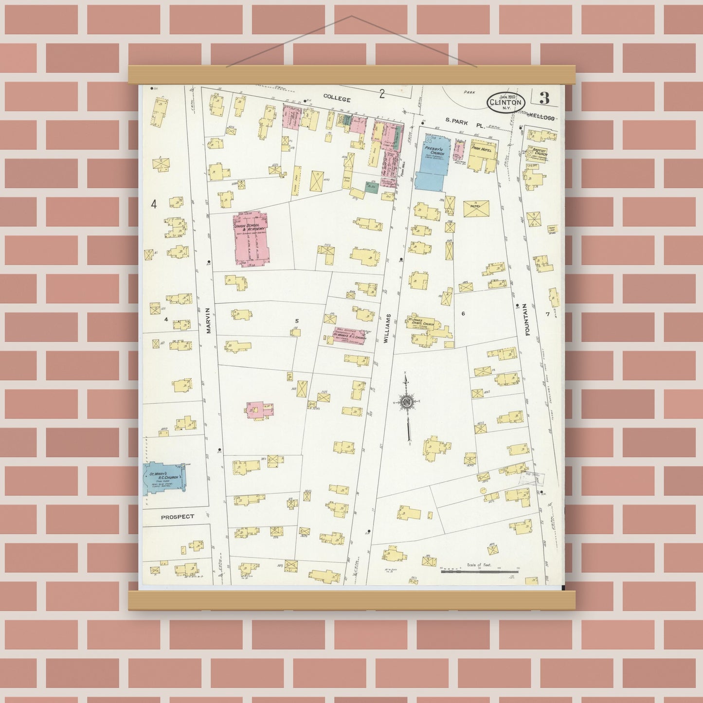 Old map wall art mockup — magnetic wood frame on brick wall — Sanborn Fire Insurance Map from Clinton, Oneida County, New York (1910), Sheet #0003