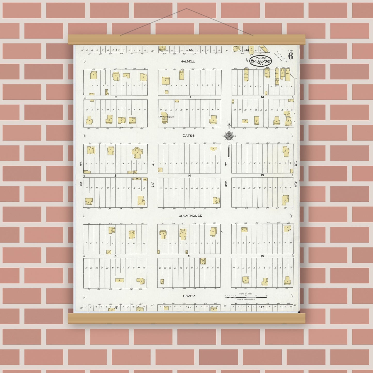 Old map wall art mockup — magnetic wood frame on brick wall — Sanborn Fire Insurance Map from Bridgeport, Wise County, Texas (1921), Sheet #0006