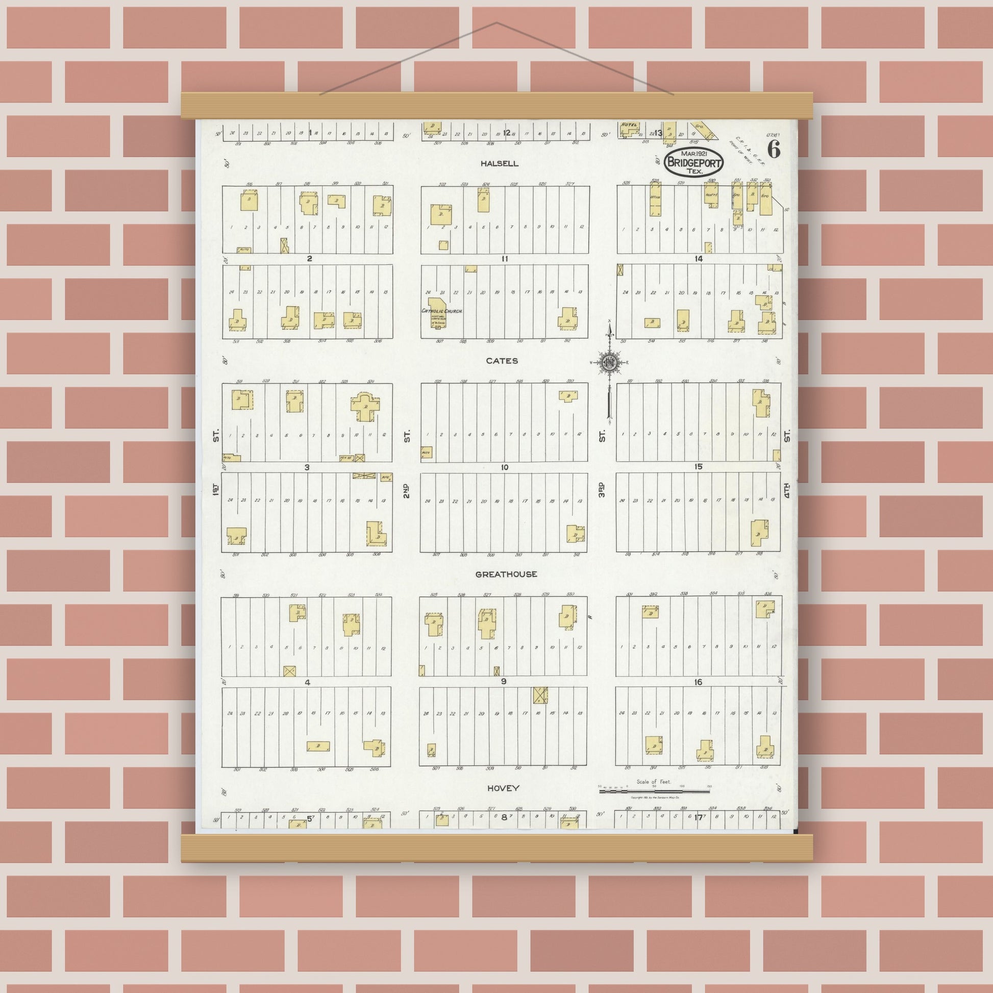 Old map wall art mockup — magnetic wood frame on brick wall — Sanborn Fire Insurance Map from Bridgeport, Wise County, Texas (1921), Sheet #0006
