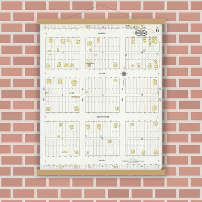 Old map wall art mockup — magnetic wood frame on brick wall — Sanborn Fire Insurance Map from Bridgeport, Wise County, Texas (1921), Sheet #0006