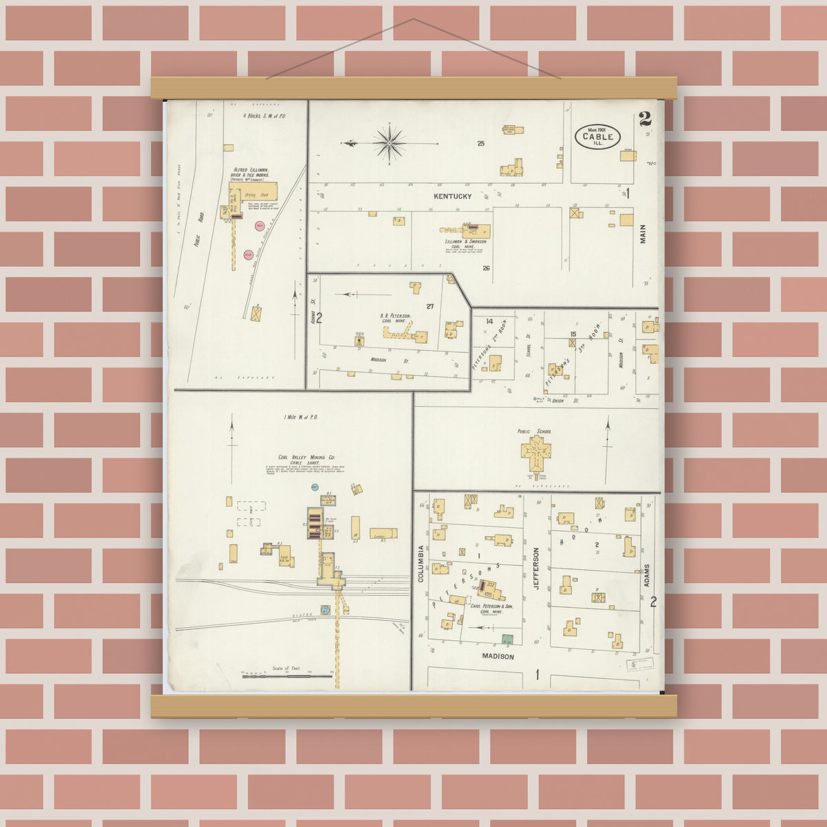 Old map wall art mockup — magnetic wood frame on brick wall — Sanborn Fire Insurance Map from Cable, Mercer County, Illinois (1901), Sheet #0002