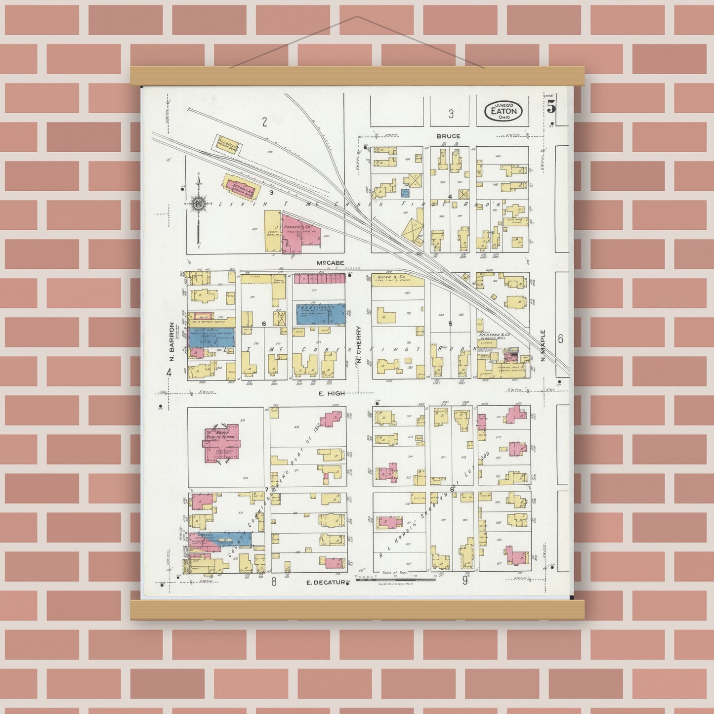 Old map wall art mockup — magnetic wood frame on brick wall — Sanborn Fire Insurance Map from Eaton, Preble County, Ohio (1921), Sheet #0005