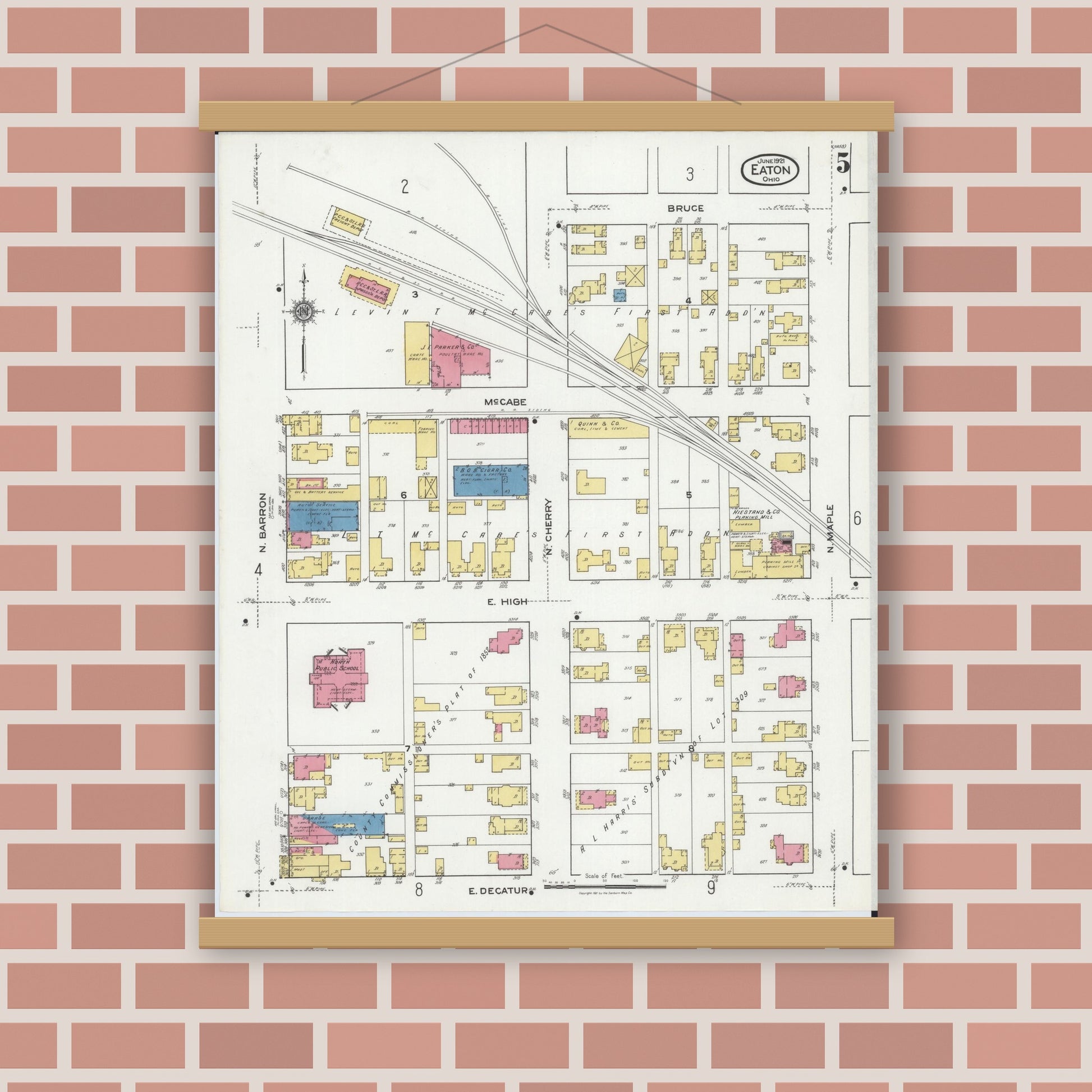 Old map wall art mockup — magnetic wood frame on brick wall — Sanborn Fire Insurance Map from Eaton, Preble County, Ohio (1921), Sheet #0005