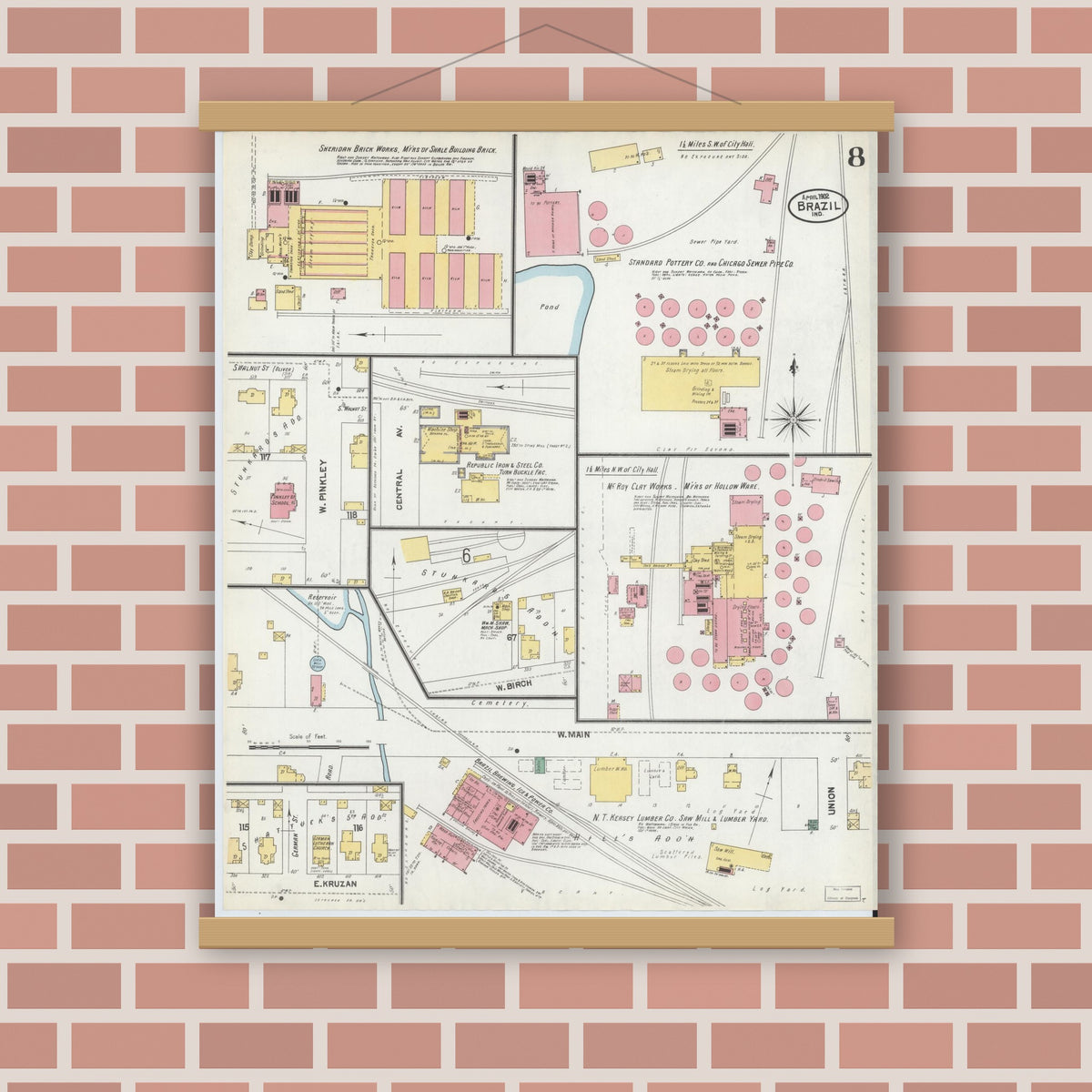 Old map wall art mockup — magnetic wood frame on brick wall — Sanborn Fire Insurance Map from Brazil, Clay County, Indiana (1902), Sheet #0008