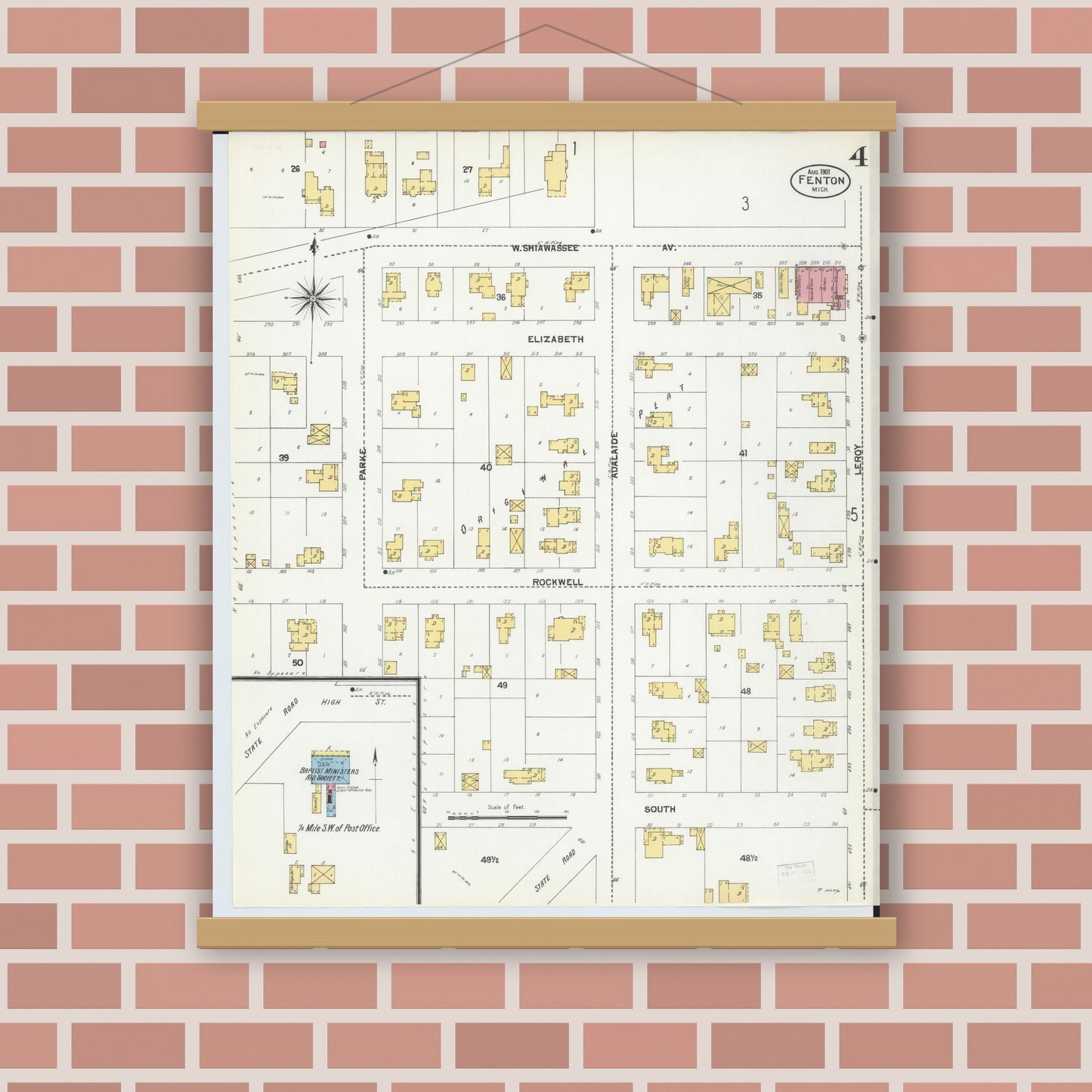 Old map wall art mockup — magnetic wood frame on brick wall — Sanborn Fire Insurance Map from Fenton, Genesee County, Michigan (1901), Sheet #0004