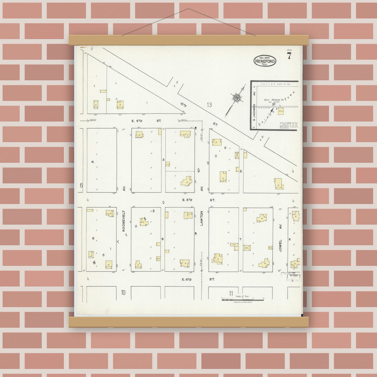 Old map wall art mockup — magnetic wood frame on brick wall — Sanborn Fire Insurance Map from Hereford, Deaf Smith County, Texas (1920), Sheet #0007