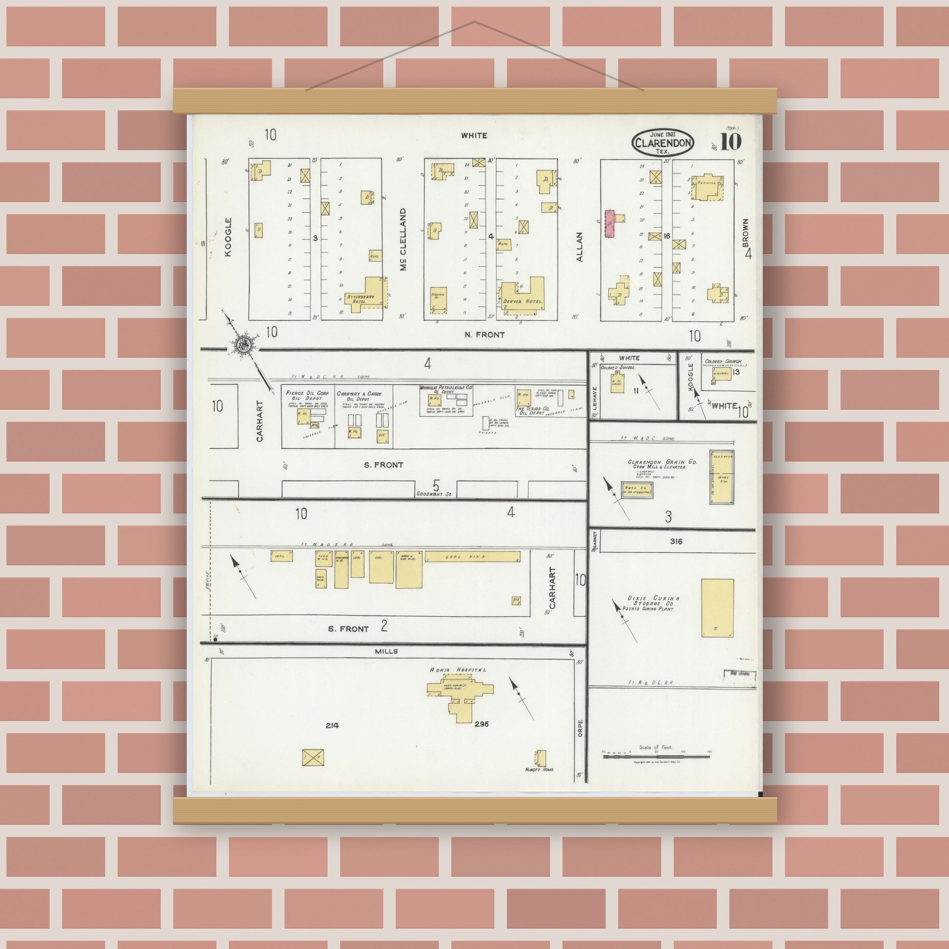 Old map wall art mockup — magnetic wood frame on brick wall — Sanborn Fire Insurance Map from Clarendon, Donley County, Texas (1921), Sheet #0010