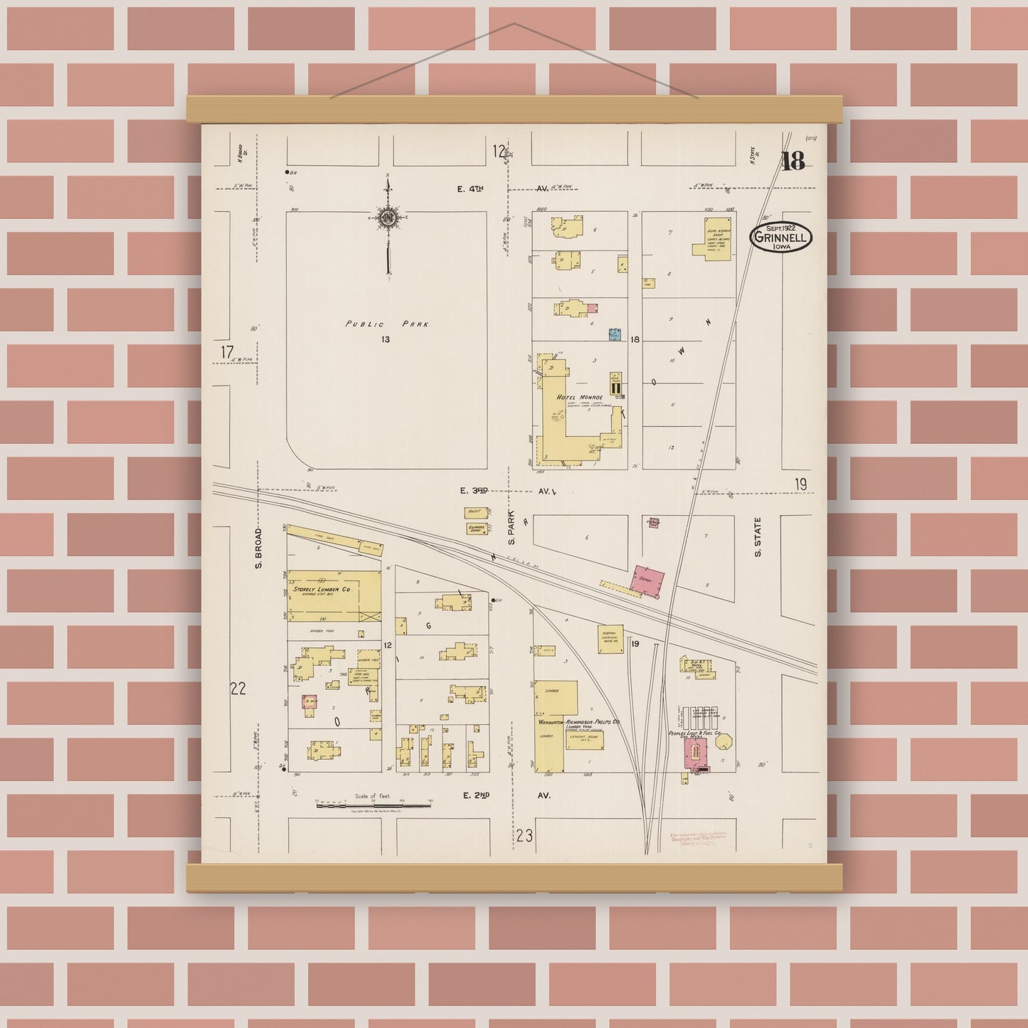 Old map wall art mockup — magnetic wood frame on brick wall — Sanborn Fire Insurance Map from Grinnell, Poweshiek County, Iowa (1922), Sheet #0018