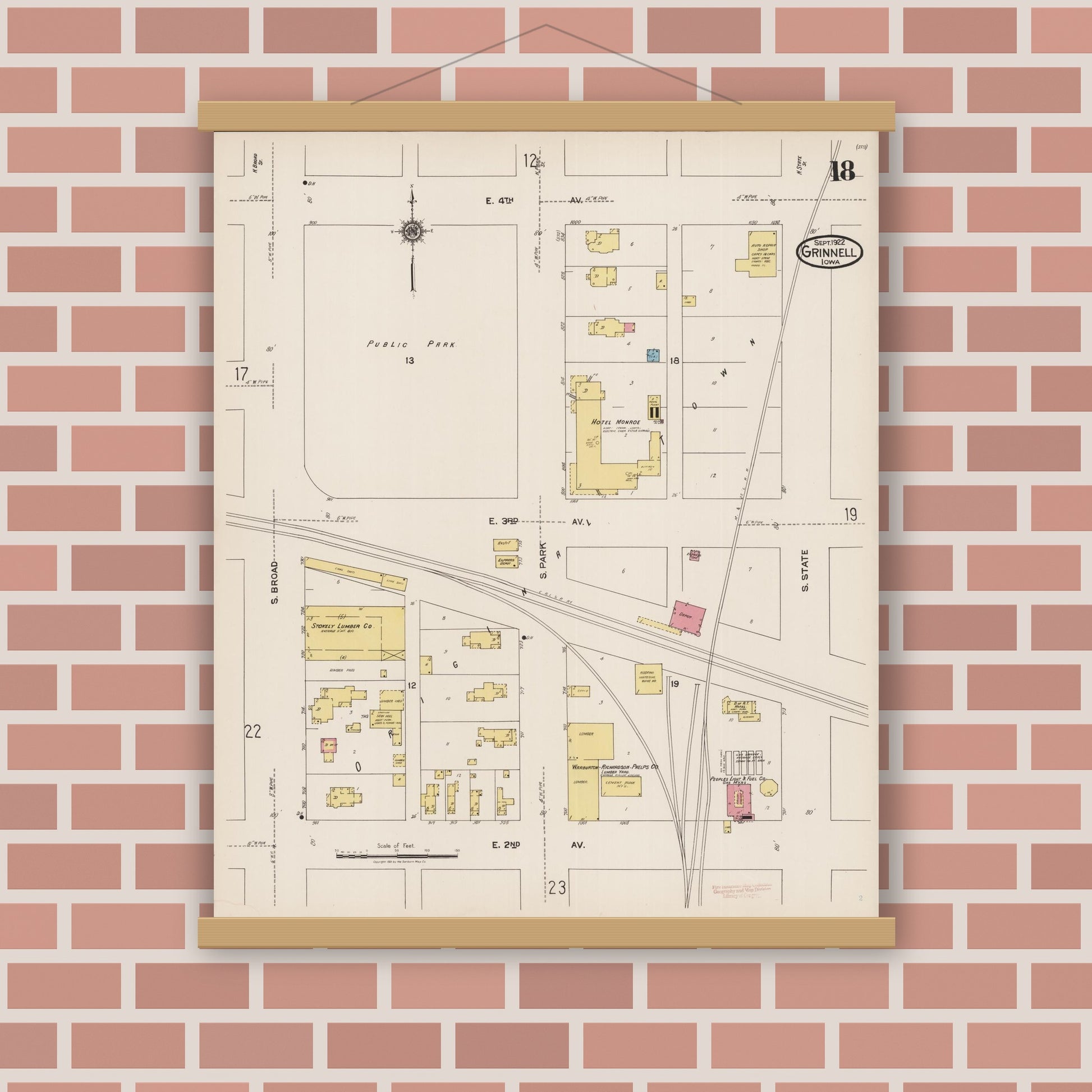 Old map wall art mockup — magnetic wood frame on brick wall — Sanborn Fire Insurance Map from Grinnell, Poweshiek County, Iowa (1922), Sheet #0018