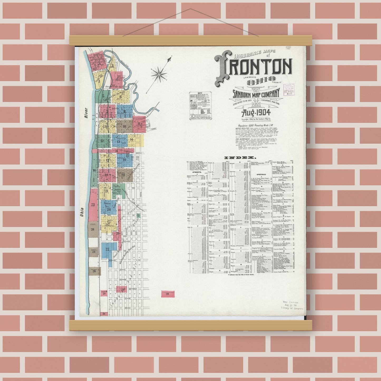 Old map wall art mockup — magnetic wood frame on brick wall — Sanborn Fire Insurance Map from Ironton, Lawrence County, Ohio (1904) - Complete Map Set