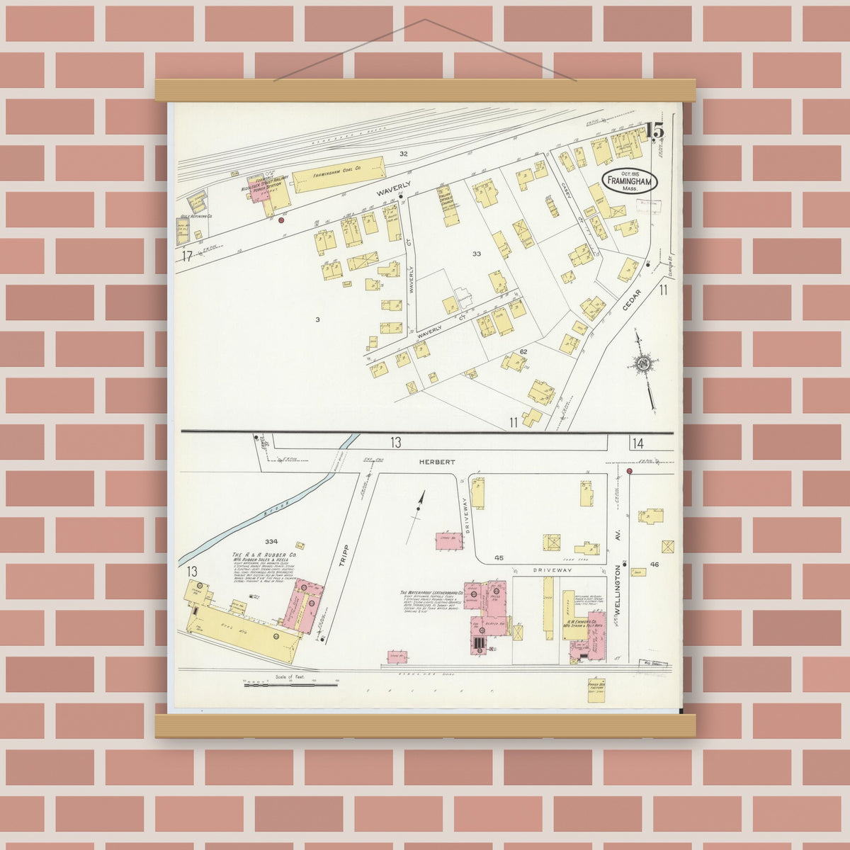 Old map wall art mockup — magnetic wood frame on brick wall — Sanborn Fire Insurance Map from Framingham, Middlesex County, Massachusetts (1915), Sheet #0015