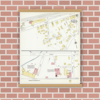 Old map wall art mockup — magnetic wood frame on brick wall — Sanborn Fire Insurance Map from Framingham, Middlesex County, Massachusetts (1915), Sheet #0015