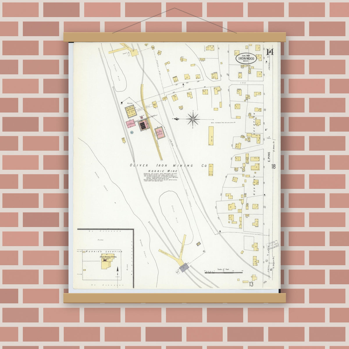 Old map wall art mockup — magnetic wood frame on brick wall — Sanborn Fire Insurance Map from Ironwood, Gogebic County, Michigan (1908), Sheet #0014
