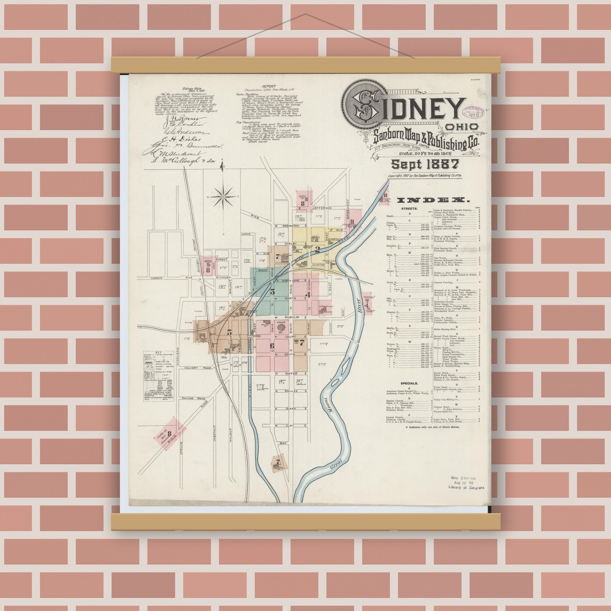 Old map wall art mockup — magnetic wood frame on brick wall — Sanborn Fire Insurance Map from Sidney, Shelby County, Ohio (1887), Sheet #0001