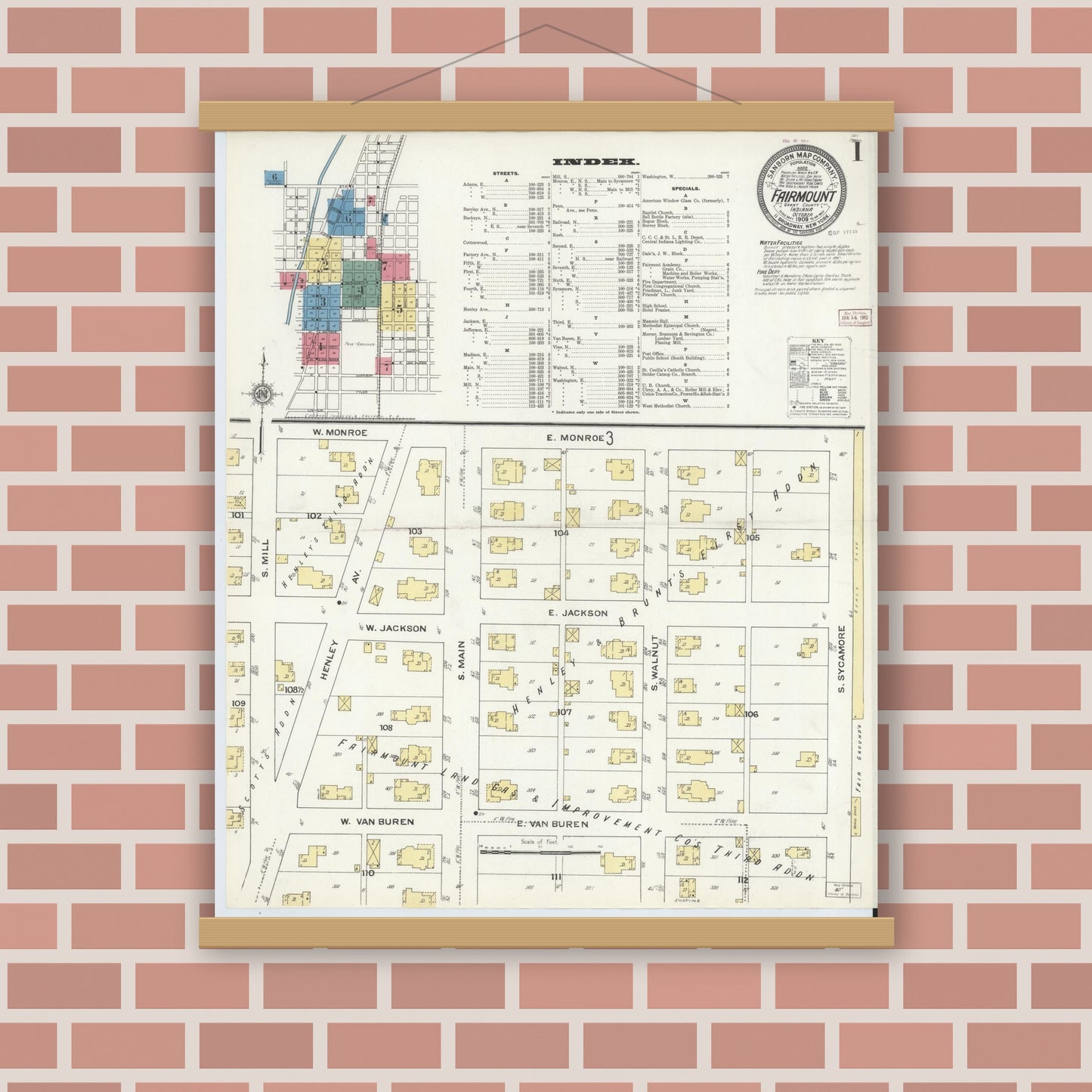 Old map wall art mockup — magnetic wood frame on brick wall — Sanborn Fire Insurance Map from Fairmount, Grant County, Indiana (1909), Sheet #0001