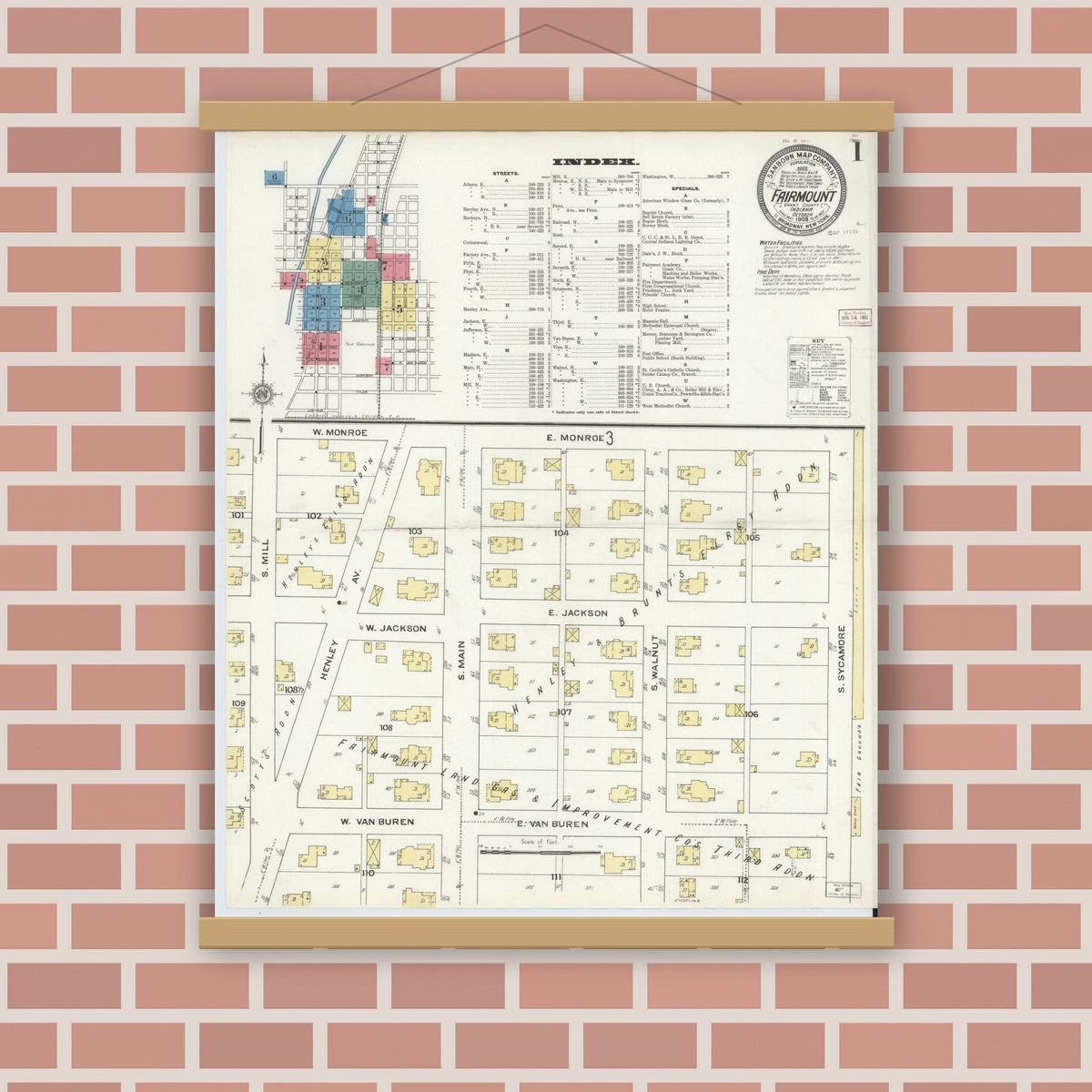 Old map wall art mockup — magnetic wood frame on brick wall — Sanborn Fire Insurance Map from Fairmount, Grant County, Indiana (1909), Sheet #0001