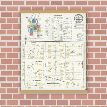 Old map wall art mockup — magnetic wood frame on brick wall — Sanborn Fire Insurance Map from Fairmount, Grant County, Indiana (1909), Sheet #0001