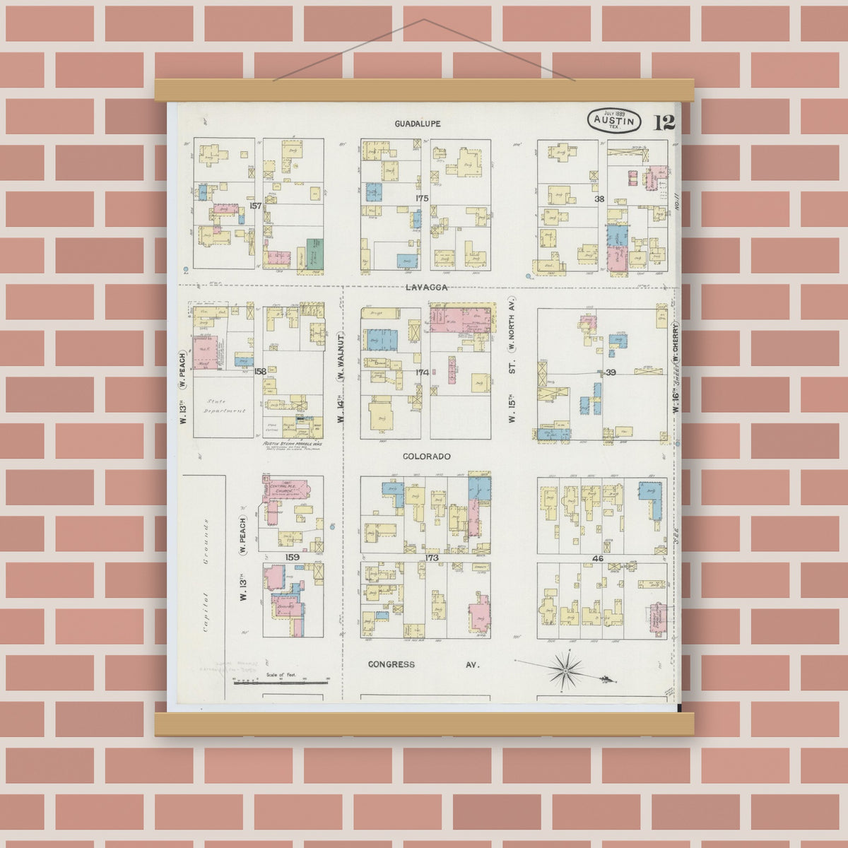 Old map wall art mockup — magnetic wood frame on brick wall — Sanborn Fire Insurance Map from Austin, Travis County, Texas (1889), Sheet #0012