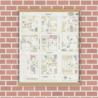 Old map wall art mockup — magnetic wood frame on brick wall — Sanborn Fire Insurance Map from Austin, Travis County, Texas (1889), Sheet #0012