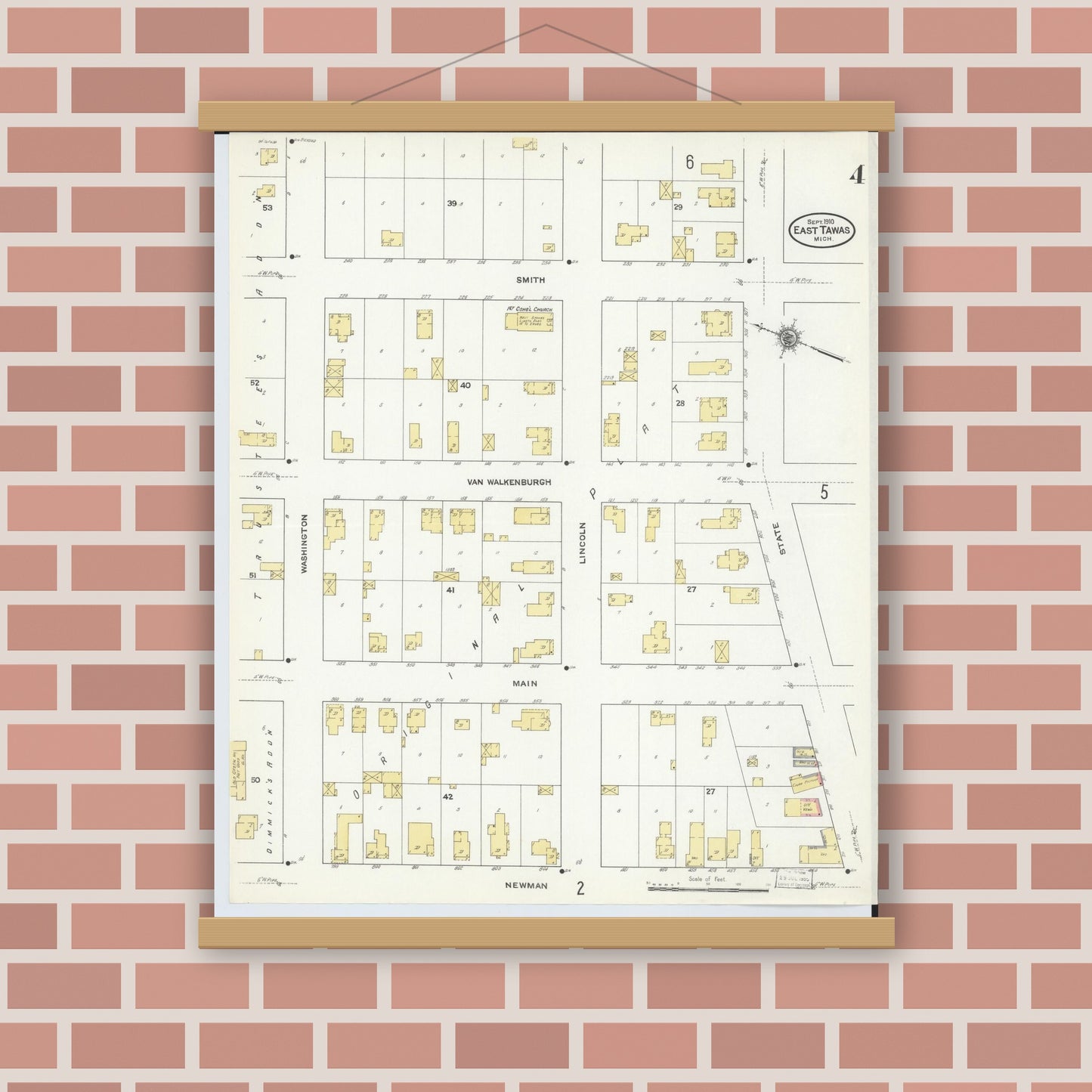 Old map wall art mockup — magnetic wood frame on brick wall — Sanborn Fire Insurance Map from East Tawas, Iosco County, Michigan (1910), Sheet #0004