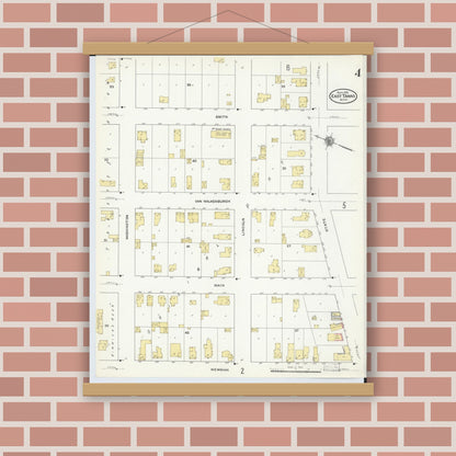 Old map wall art mockup — magnetic wood frame on brick wall — Sanborn Fire Insurance Map from East Tawas, Iosco County, Michigan (1910), Sheet #0004