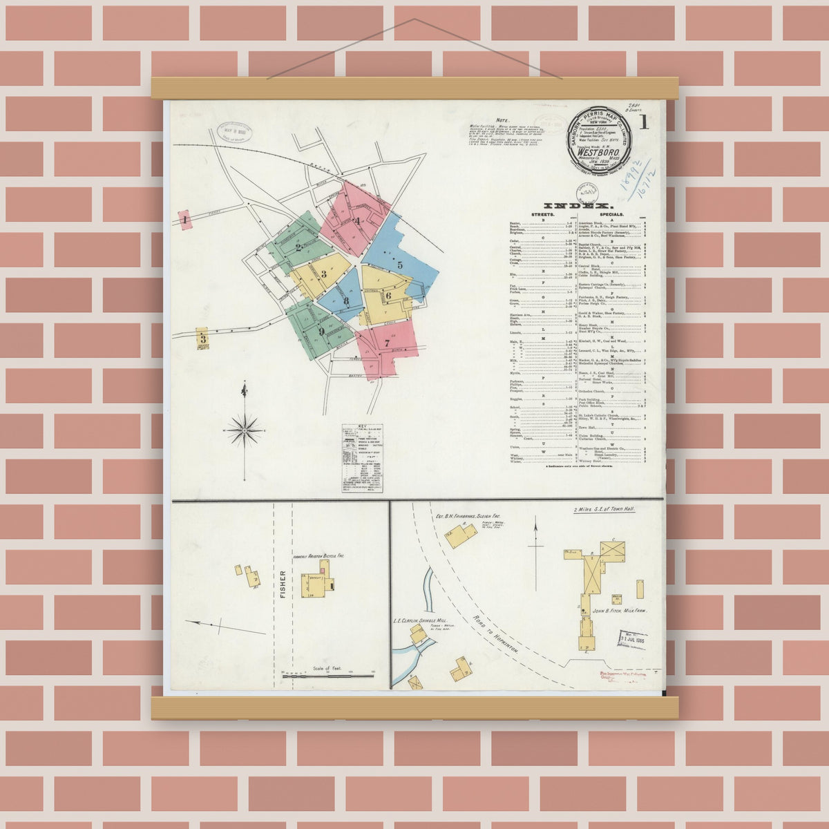 Old map wall art mockup — magnetic wood frame on brick wall — Sanborn Fire Insurance Map from Westboro, Worcester County, Massachusetts (1899) - Complete Map Set
