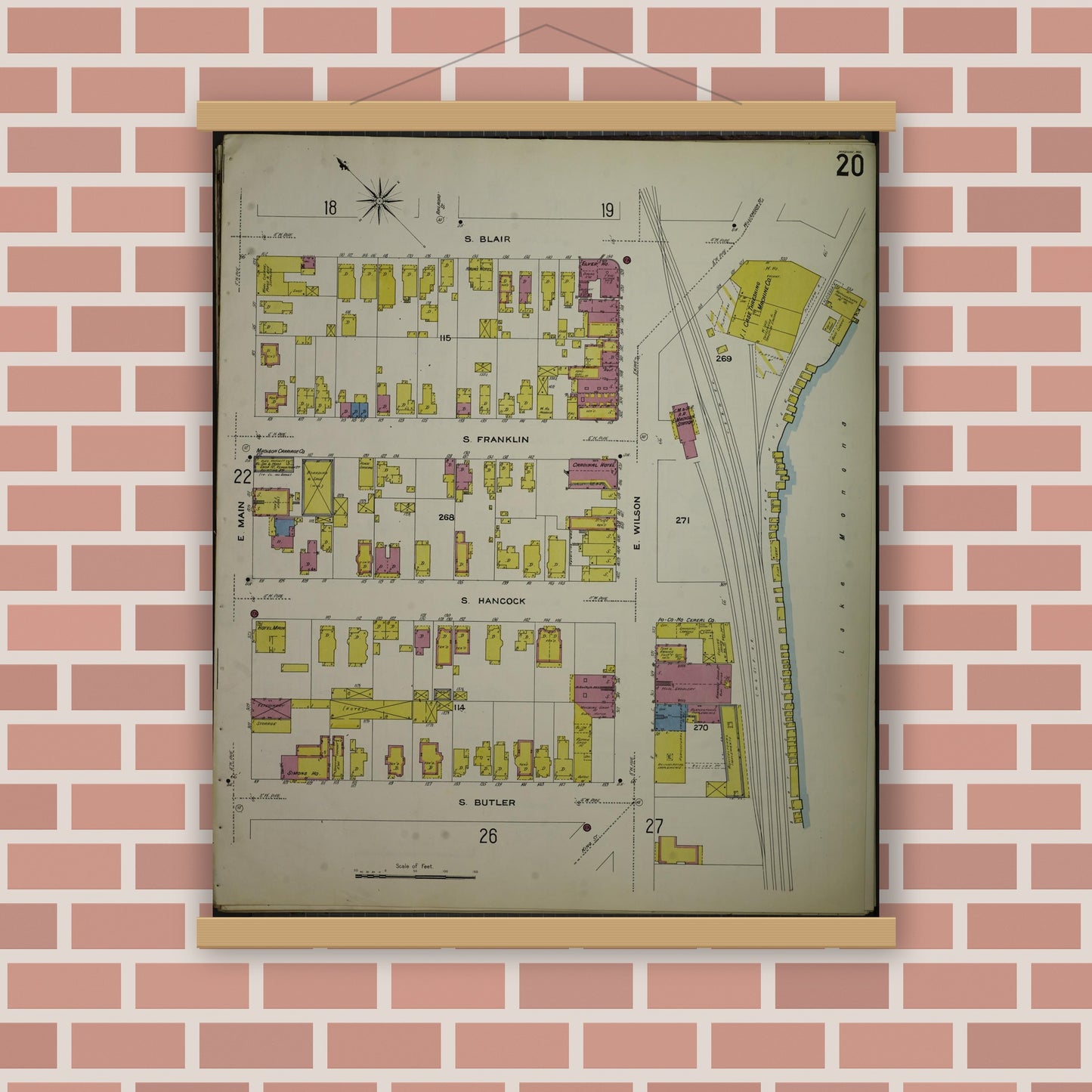 Old map wall art mockup — magnetic wood frame on brick wall — Sanborn Fire Insurance Map from Madison, Dane County, Wisconsin (1908), Sheet #0020