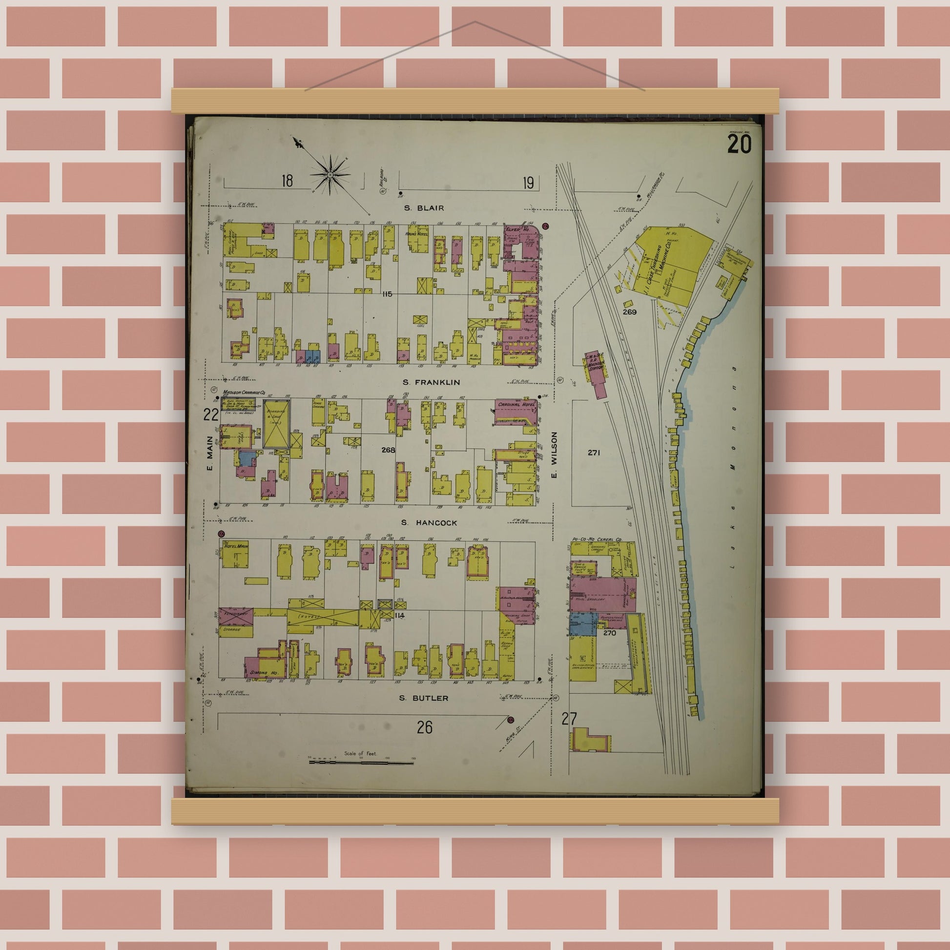 Old map wall art mockup — magnetic wood frame on brick wall — Sanborn Fire Insurance Map from Madison, Dane County, Wisconsin (1908), Sheet #0020